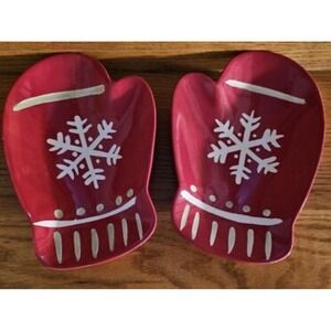 HALLMARK PAIR of 2 Mitten Plates Red Snowflake Serving Cookie Plate‎ Holiday VTG